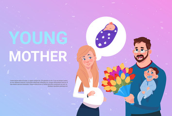 Young Mother Pregnant Woman With Husband Holding Flowers And Small Son Over Background With Copy Space Flat Vector Illustration