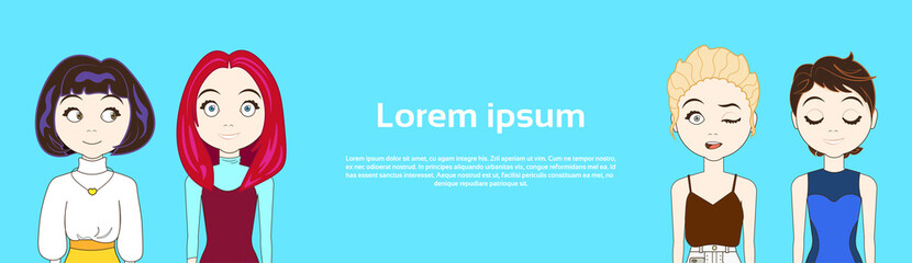 Cute Young Women Over Blue Horizontal Background Vector Illustration