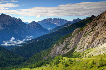 Sunny meadows, vast forests and Palombino Porze rock face in Alpi Carniche with Monte Rinaldo and Dolomiti Pesarine, Forcella Dignas Val Visdende Cadore Carnia Belluno Veneto Udine Friuli Italy Europe