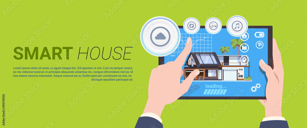 Aufkleber smart home automation and control technology concept with hands holding digital tablet over backgrou