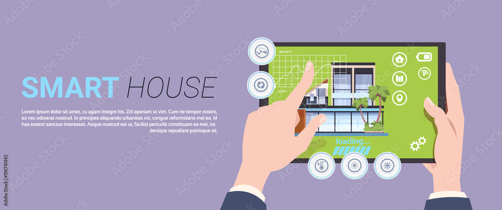 Poster smart home technology banner with hands holding digital tablet device with control system over templ