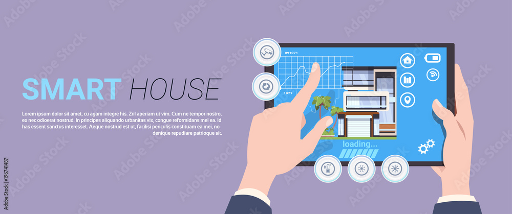 Aufkleber smart home technology banner with hands holding digital tablet device with control system over backg