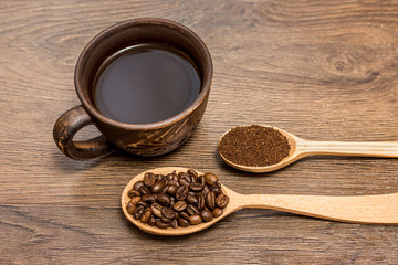 cup of coffee, grain of coffee and ground coffee in wooden spoons, advertising a coffee
