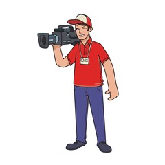 Cameraman, videographer. The man with the video camera. Cartoon vector illustration, isolated on white background.