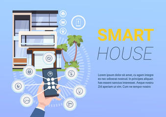 Technology Smart Home Control And Administration System With Hands Holding Smartphone Flat Vector Illustration