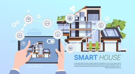 Smart Home Management Concept With Hands Holding Tablet Device Flat Vector Illustration