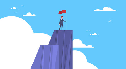 Businessman Climbed Mountain, Leader Businessman On Top Concept Of Win And Success Flat Vector Illustration