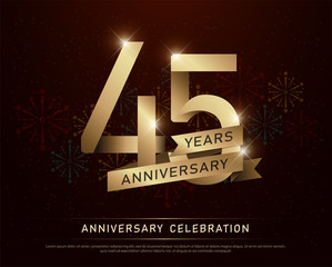 45th years anniversary celebration gold number and golden ribbons with fireworks on dark background. vector illustration