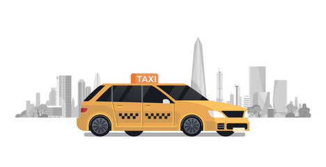 Yellow Taxi Car Cab Over Silhouette City Background Flat Vector Illustration