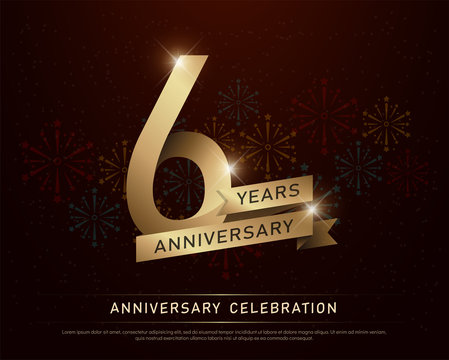 6th years anniversary celebration gold number and golden ribbons with fireworks on dark background. vector illustration