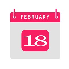 Calendar flat icon 18th of February. Vector illustration.