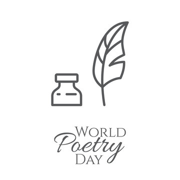 World poetry day banner with thin line feather and inkwell isolated on white background.