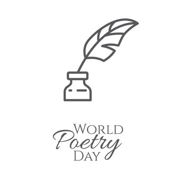 World poetry day banner with outline inkwell and feather in it isolated on white background.
