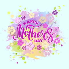 Fototapeta na wymiar Happy Mother's Day text isolated on pastel color background. Hand drawn lettering as Mother's day logo, badge, icon. Template for Happy Mother's day, invitation, greeting card, web, postcard.