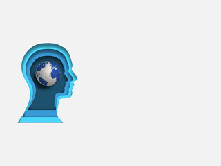 Curvilinear form of human brain containing the earth. Volumetric multilevel cut from a paper of human head. Business concept of travelling. Creative idea. Technology background. 