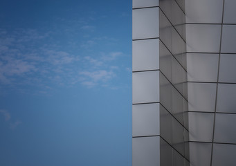 building, architecture, business, sky, glass, office, blue, city, window, skyscraper, urban, abstract, ladder, construction, clouds, facade, reflection, exterior, cloud, white, windows, wall, structur