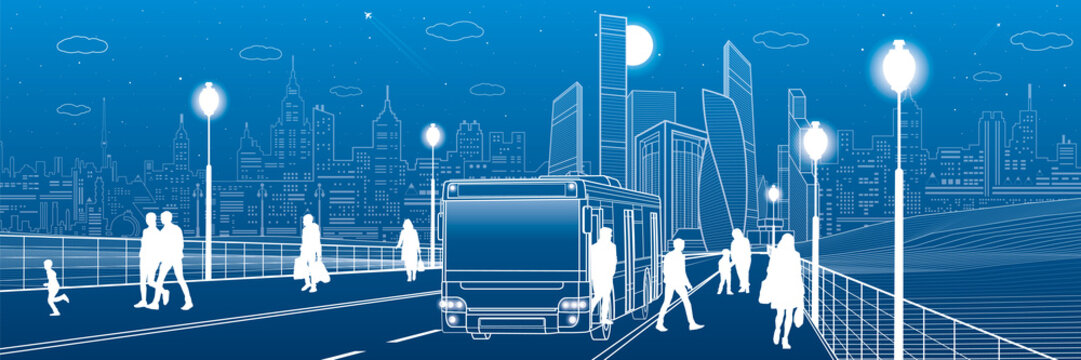 City transportation infrastructure panorama. Passengers get off the bus. people walk down the street. Night town on background, vector design art