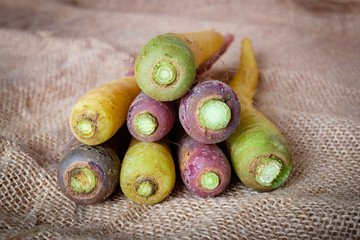 Yellow and purple carrots of Polignano. Apulian food. Italy.