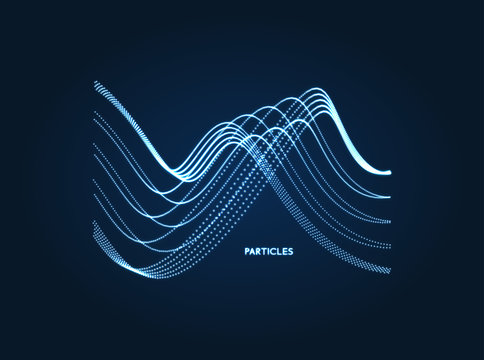 Wavy background. Array with dynamic particles. Composition with motion effect. 3d technology style. Vector illustration.