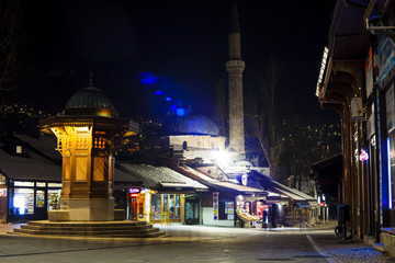 Night view of the Sebilj, wooden fountain in Sarajevo