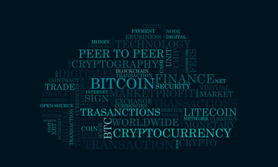 Word tag cloud bitcoin crypto currency, vector
