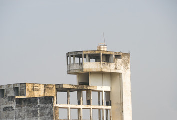 Building abandoned buildings with blue sky background.