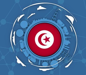 Circle with energy relative silhouettes. Objects located around circle. Industrial design background. Flag of the Tunisia in the center. 3D rendering