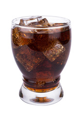 Cola in glass with ice cubes on white background