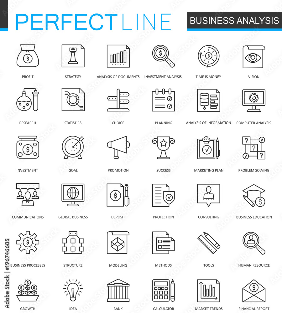 Poster Business analytics thin line web icons set. Finance strategy information outline stroke icons design.