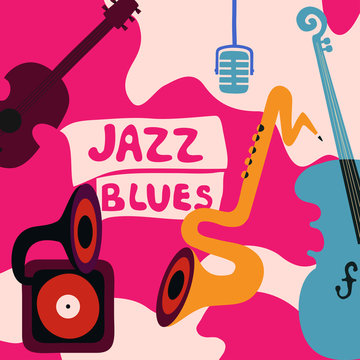 Jazz music festival colorful poster with music instruments. Gramophone, violoncello, guitar, saxophone and microphone flat vector illustration. Jazz concert