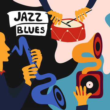 Jazz music festival colorful poster with music instruments. Saxophone and drum player with gramophone flat vector illustration. Jazz concert