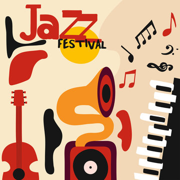 Jazz music festival colorful poster with music instruments. Gramophone, guitar and piano with music notes flat vector illustration. Jazz concert