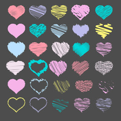 Set of sketch heart icons, vector