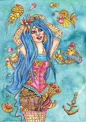 Obraz na płótnie Canvas Singing mermaid in steampunk style watercolor illustration