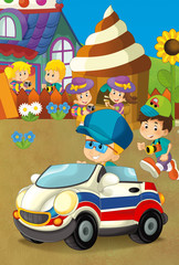 cartoon scene with happy and funny kids on the playground and in the car - illustration for children