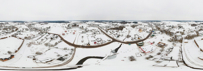 Old village Krevo, Belarus. Winter-2018.  Sperical Panorama 360° from drone