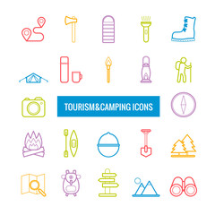 Set of vector line tourism and camping icons for web design
