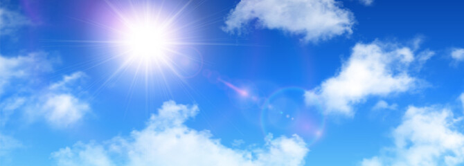 Sunny background, blue sky, clouds and sun