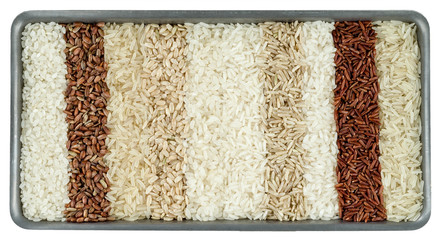 Ten different varieties of rice in rectangular dish isolated on white background.