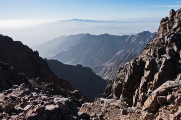 Obraz premium Toubkal and other highest mountain peaks of High Atlas mountains in Toubkal national park, Morocco, North Africa