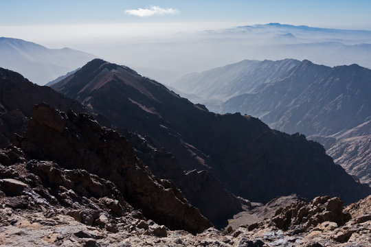 Toubkal and other highest mountain peaks of High Atlas mountains in Toubkal national park, Morocco, North Africa