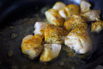 Fry meat in the pan. To cook the sliced meat with seasoning. Cooking meat with spices. 