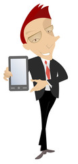 Smiling man holds a smart phone isolated illustration. Cartoon smiling man shows a smart phone isolated on white illustration
