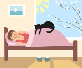 morning sleep, woman and cat sleeping in the bed, vector cartoon
