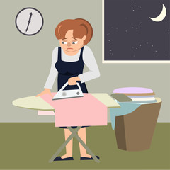 tired woman ironing clothes at night vector cartoon