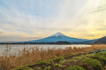 Fototapeta premium Fuji Mountain at Lake Kawaguchiko, Japan, Sunset scene