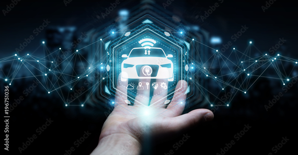 Poster businessman using modern smart car interface 3d rendering