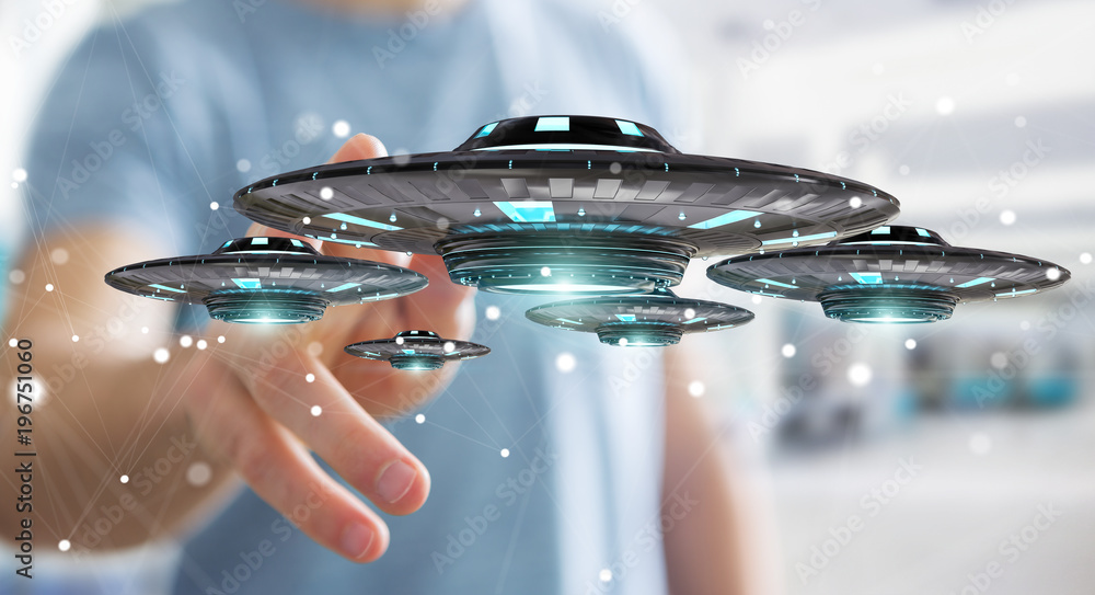Aufkleber businessman with retro ufo spaceship 3d rendering