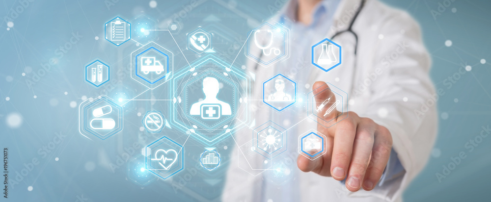 Aufkleber doctor using digital medical futuristic interface 3d rendering