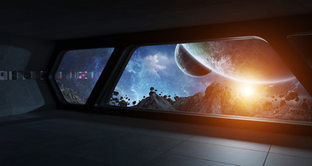 Spaceship futuristic interior with view on exoplanet